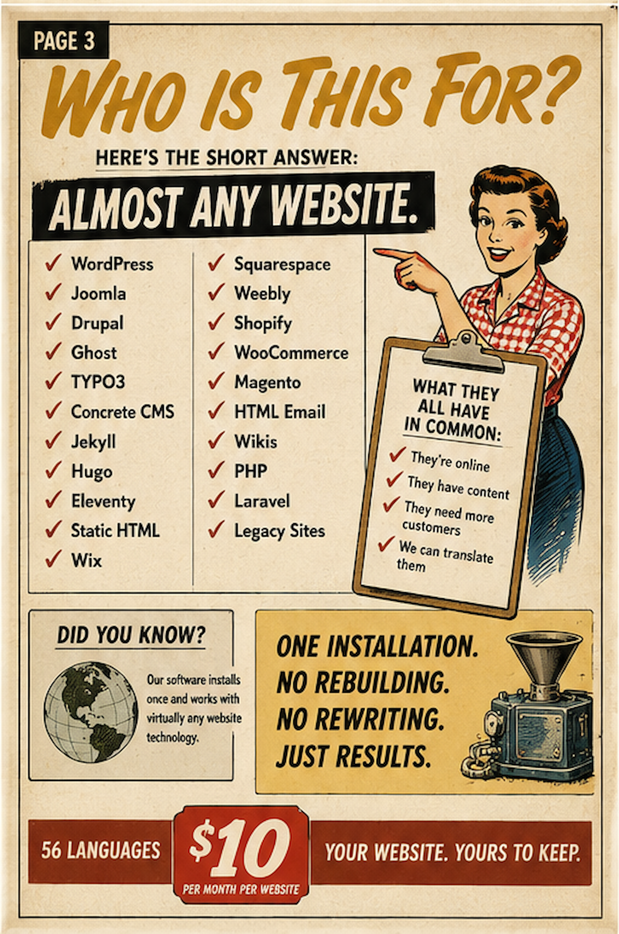 Hvem er det til? N&aelig;sten alle websteder &mdash; WordPress, Shopify, Wix, Drupal og mere. En installation, ingen genopbygning, 56 sprog, $10 pr. m&aring;ned pr. websted